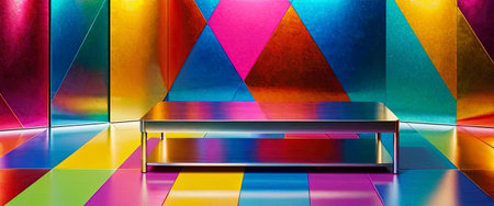 3d rendering of a podium in a studio with colorful neon lightの素材