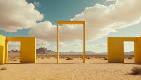 3d rendering of an open door in a desert landscape with cloudsの素材