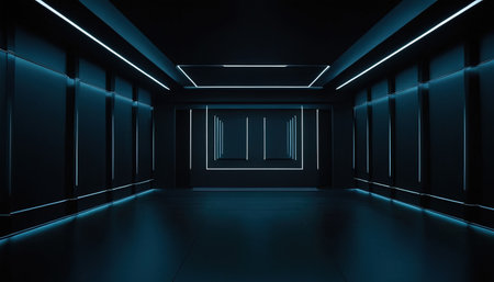 3d rendering. Futuristic dark corridor with glowing neon lights.の素材