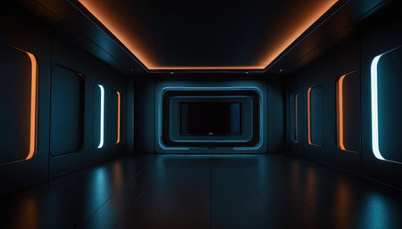 Futuristic scifi tunnel corridor with glowing lights 3D renderingの素材