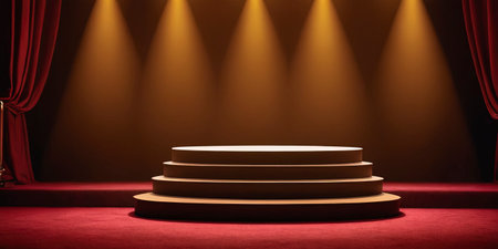 Stage podium with lighting, Stage Podium Scene with for Award Ceremony on red carpet Background.の素材