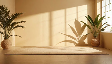 Interior of modern living room with green plants and sunbeamsの素材