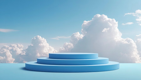 Blue podium with clouds in the sky. 3d render illustration.の素材