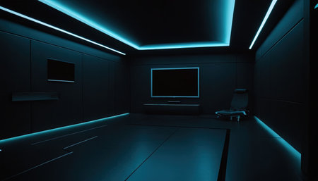 3D rendering of an empty room in a futuristic style with led lightsの素材