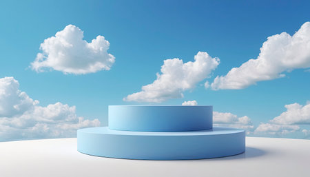 Blue podium on a white background with clouds in the sky. 3d renderingの素材