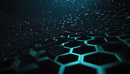 3d rendering of abstract technology background with hexagons in dark spaceの素材
