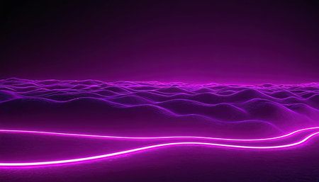 Purple abstract background with glowing lines and waves, 3d renderingの素材