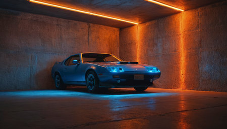 Car in the underground parking lot illuminated by neon lights. Long exposure.の素材