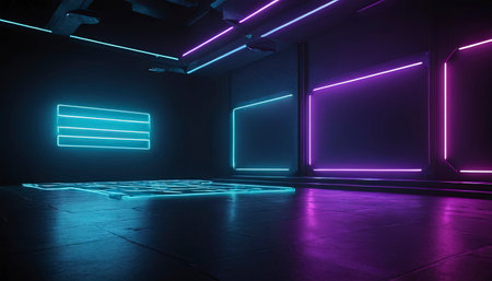 3D abstract background with neon lights. Empty dark room with neon lights. 3D renderingの素材