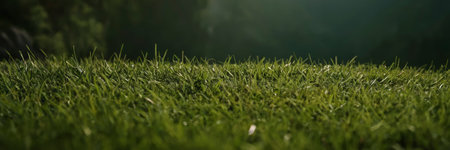 Panorama of green grass in the morning light. Soft focus and shallow depth of field.の素材