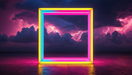 3D rendering of an abstract background with neon lights and a frameの素材