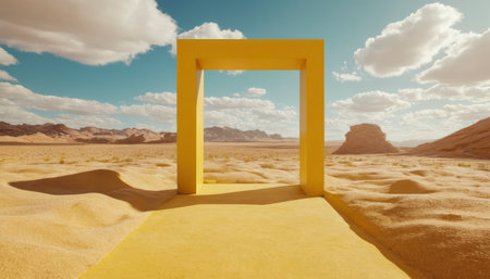 3D rendering of an entrance to the desert under a blue skyの素材