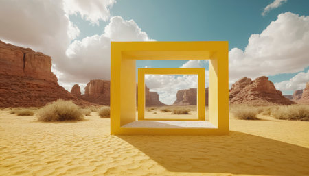 Digital composite of Yellow frame in the desert against blue sky with cloudsの素材