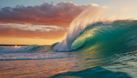 Surfing ocean wave at sunset. Breaking ocean wave at sunset.の素材