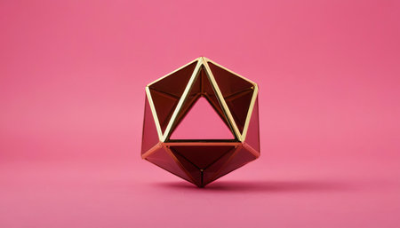 3d illustration of a golden geometric figure on a pink background.の素材