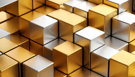 3d rendering of golden metallic cubes in a row, abstract backgroundの素材