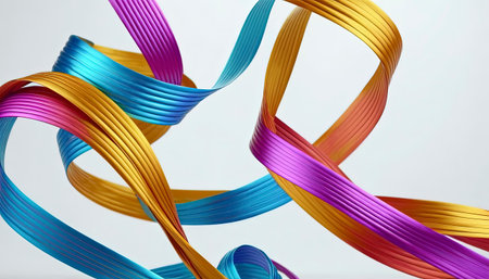 Colorful ribbons on white background, closeup. Abstract backgroundの素材