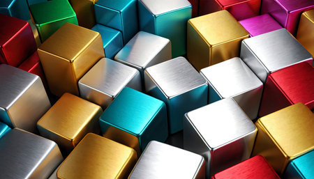 3d rendering of a group of shiny metallic cubes in a pileの素材