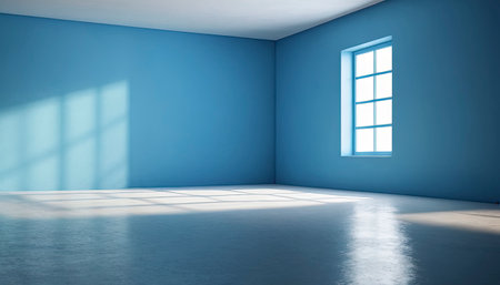 Empty room with blue walls and a window. 3d rendering.の素材