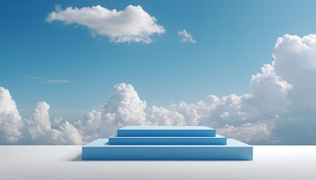 Blue podium with blue sky and clouds background. 3D rendering.の素材