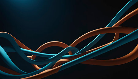 Abstract blue and orange curved lines on dark background. 3D Renderingの素材