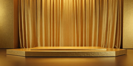 golden podium and curtain background. 3d rendering, 3d illustration.の素材