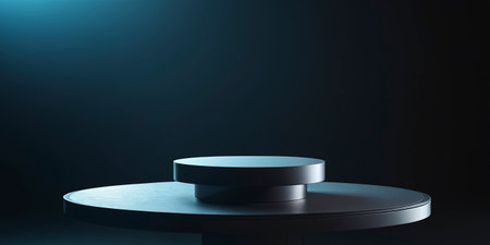 Black round podium on dark background. Mock up, 3D Renderingの素材