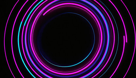 Neon circles on a black background. 3d rendering, 3d illustration.の素材