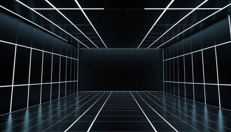 Futuristic dark room with glowing lights, 3d rendering backgroundの素材