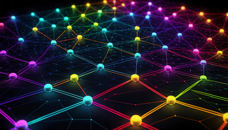 3d rendering of colorful network on dark background. Computer digital drawing.の素材
