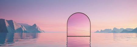 3D illustration of an arch in the middle of the sea at sunsetの素材