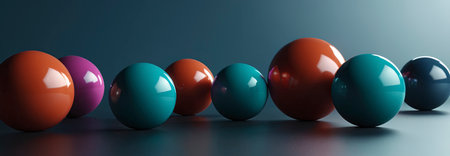 3d rendering of colorful balls in a row on a dark backgroundの素材