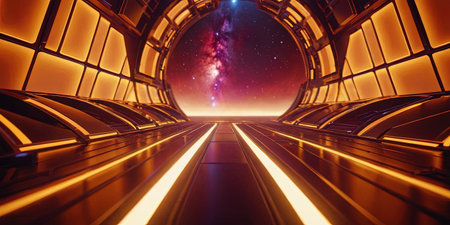 Futuristic spaceship interior with glowing lights. 3D Renderingの素材