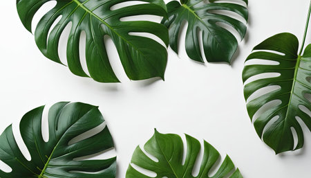 Tropical leaves on white background, top view. Space for textの素材
