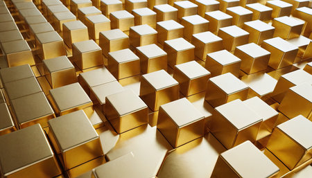 golden cubes background. 3d rendering, 3d illustration.の素材