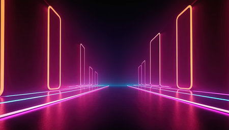 3d rendering. Futuristic corridor with neon lights. 3d illustrationの素材