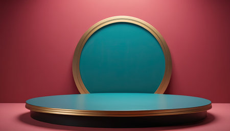 3d rendering of blue podium and round gold frame on pink backgroundの素材