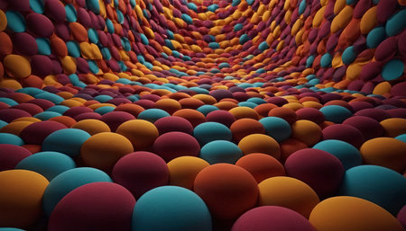 3d rendering of an abstract background with colorful balls in a tunnelの素材