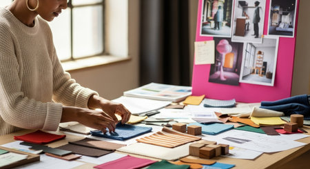 Fashion designer working on her designs in the studio, sitting at her deskの素材