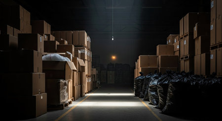 3d rendering of warehouse with many cardboard boxes in warehouse at nightの素材