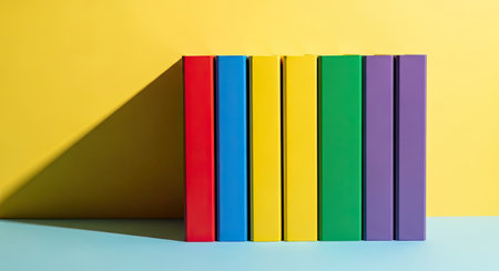 Stack of colorful books on yellow and blue background. Education concept.の素材