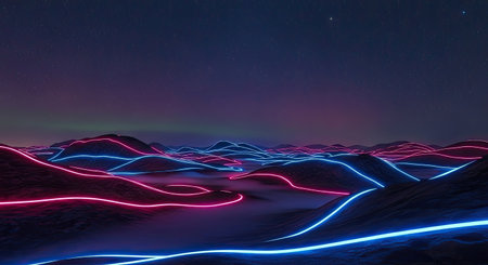 3d render of abstract landscape with blue and red neon light lines.の素材