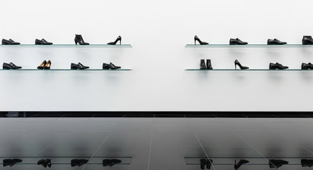 3d render of shoes in a row on a white wall backgroundの素材