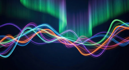 Abstract background with glowing lines, waves and bokeh effect.の素材