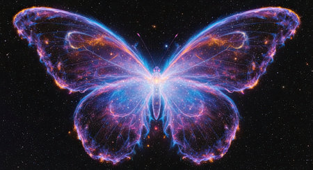 Fractal 3d illustration of a butterfly in space. Abstract background.の素材