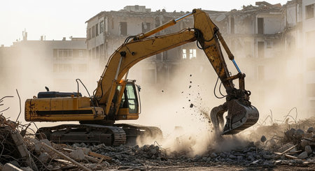 Demolition of an old building with a large yellow excavator.の素材