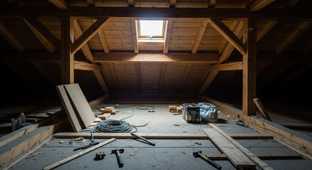 Construction site with wooden beams and electric cables in the attic of a buildingの素材