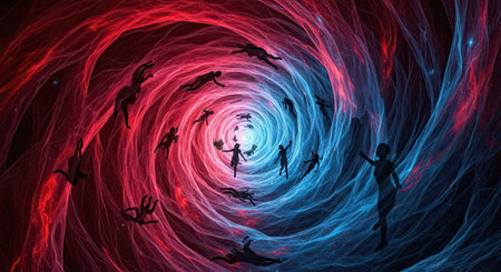 Silhouettes of individuals are depicted floating and falling within a radiant, swirling vortex of red and blue light. This visual metaphor explores themes of consciousness, alternate dimensions, and the human journey through unknown spaces.の素材
