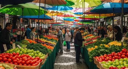 A lively open-air market filled with people exploring rows of produce including ripe tomatoes leafy greens and various fruits beneath a bright array of overhead umbrellas.の素材