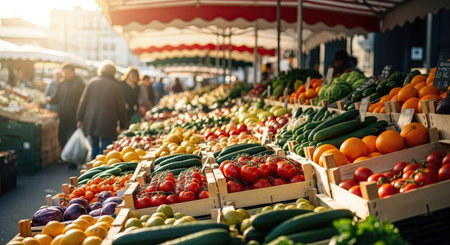 A vibrant outdoor market stall showcases a rich variety of fresh produce, such as ripe tomatoes, green cucumbers, and citrus fruits, with people browsing in the sunlit background.の素材